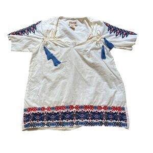 Pepin Embroidered Blouse Womens White Boho Tassel Peasant Top SIZE S
